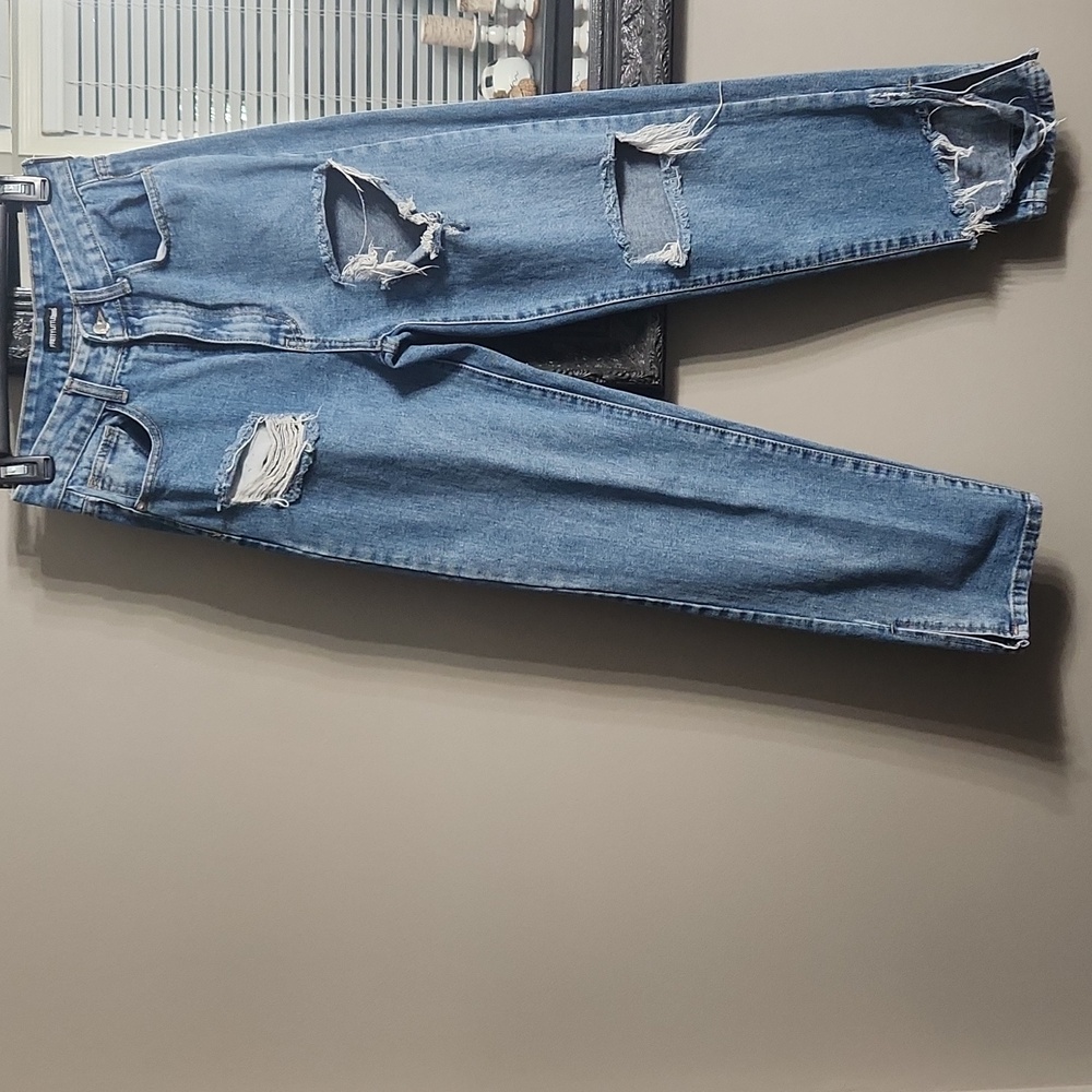 PrettyLittleThing Blue Distressed Wide Leg Jeans